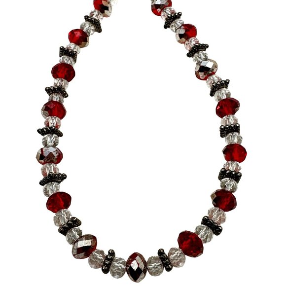 Holiday Elegant Beaded Bracelet Red Clear Heart Clasp Eveningwear Dainty Preppy - Picture 2 of 7
